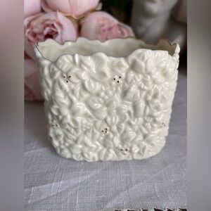 Vintage small Ivory Planter/Vase with floral design and gold trim